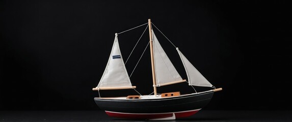 A serene toy sailboat on a black background, perfect for nautical themed decor
