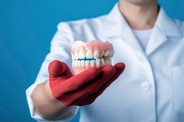 Woman doctor dentist orthodontist holds a model of teeth on blue background. Dentures, model with ideal teeth, medical dental treatment, prosthetics

