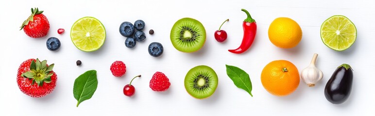 Naklejka premium Nutritious food. A variety of fruits, berries, vegetables, grains, and nuts for a healthy diet.