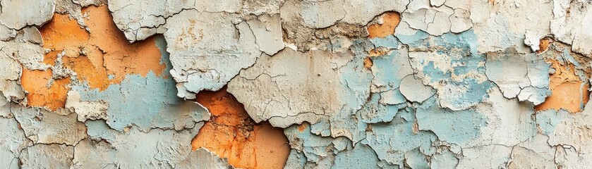 Obraz premium A textured surface showcasing peeling paint in shades of blue and orange, revealing layers beneath, evoking a sense of decay and weathering.