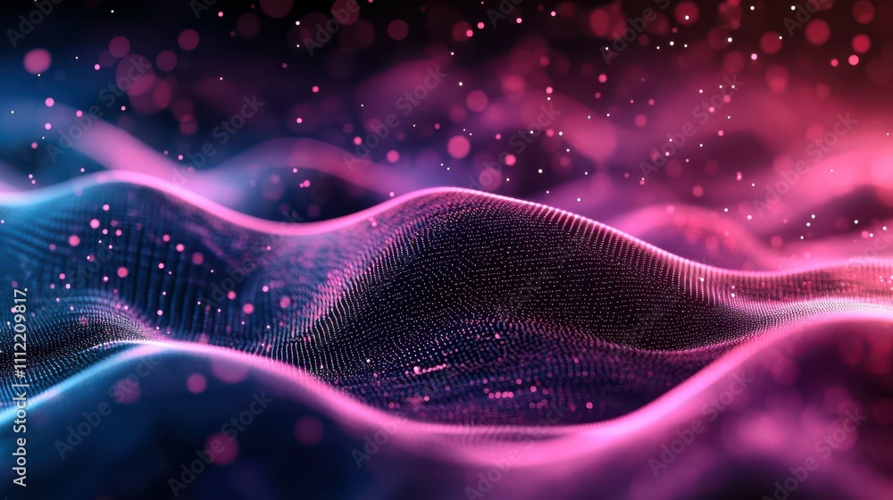 Poster abstract gradient hologram dynamic wave of particles. digital wallpaper technology background