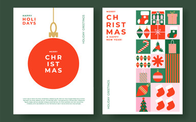 Merry Christmas poster, greeting banner, card, cover, in modern geometric style in green, red, pink colors for season greetings, ads, sales, print. Trendy Xmas layout design templates