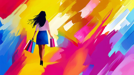 Woman shopping in vibrant colors while carrying shopping bags