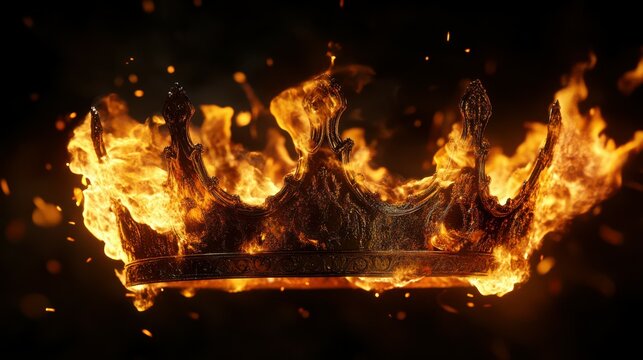 A flaming fantasy golden crown. Medieval crown burning in flames, smoke and embers. Isolated dark background. Rise and fall of an empire. King, queen, prince, princess. Fantasy medieval papal mitre.