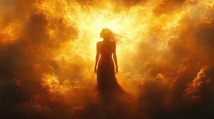 Obraz premium Woman standing in front of a fiery background with swirling clouds at dusk. Generative AI