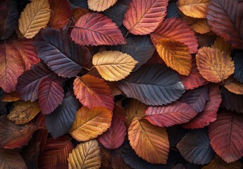 Obraz premium Vibrant Autumn Leaves Creating a Colorful Mosaic of Nature's Beauty with Rich Hues and Varied Textures Captured in a Stunning Flat Lay Arrangement