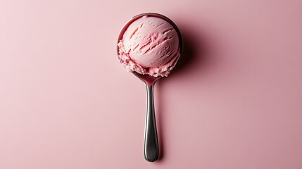 A scoop of pink ice cream on a metal spoon.