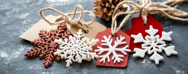Dynamic flat-lay of colorful Christmas SALE tags ornaments