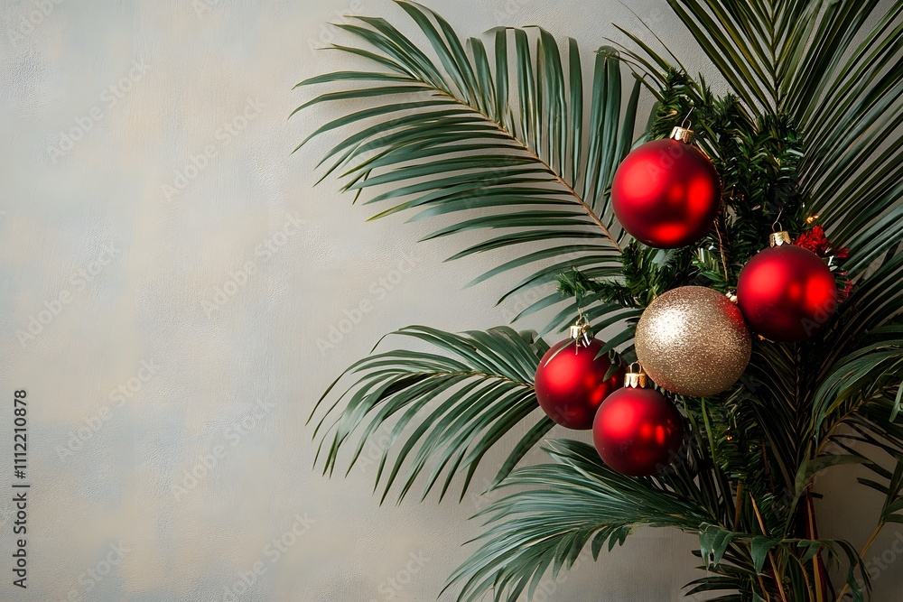 Poster christmas decorations on a palm tree create festive vibes. generative ai. generative ai.