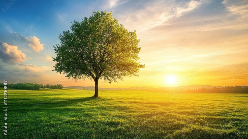 Aufkleber a solitary tree rises in a vast green field as the sun sets, casting warm golden light and creating 