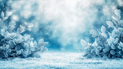 Tranquil winter wonderland with frosty leaves and falling snow