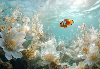 Naklejka premium Vibrant Clownfish Swimming Gracefully Through a Dreamy Underwater Garden of White Flowers and Lush Algae in a Crystal Clear Ocean Environment