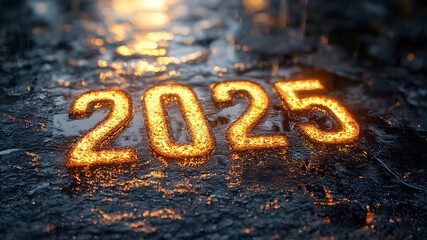 Glowing numbers 2025 illuminated on a wet surface during nighttime. Generative AI.