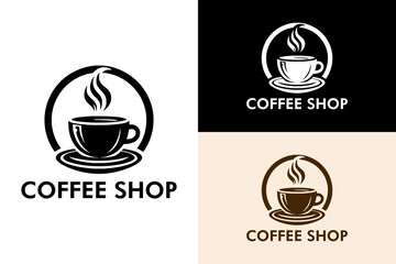 cup of coffee, steam, circle object, coffee shop logo, drink, typographic, illustration, vector