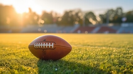 An American football ball lies on the green turf of a football field at sunset. Team ball game, sport, rugby, football stadium