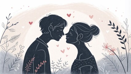 Young couple in love kissing, surrounded by hearts and plants, artistic illustration for Kiss Day