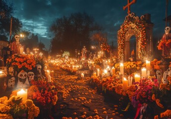 Obraz premium Vibrant Day of the Dead Celebration with Colorful Altars, Skulls, and Marigolds Illuminated by Candles Under a Gloomy Sky