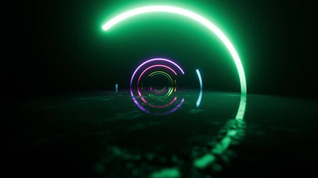 Neon circles rainbow tunnel loop on dark background. An abstract 3D seamless animation with dynamic, infinite zoom motion. Vibrant glowing arcs over a reflective, grunge floor.