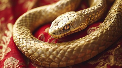 Fototapeta premium golden snake elegantly depicted in traditional Chinese style, coiled on a rich red and gold background. Perfect for celebrating the Year of the Snake, cultural events, and festive designs