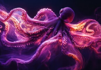 Vibrant Deep Sea Octopus with Flowing Tentacles Illuminated by Ethereal Light in Dark Ocean Environment