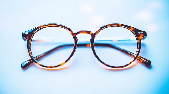 A pair of round, tortoiseshell glasses with clear lenses lays on a white surface.