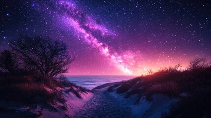 Fototapeta premium Vibrant Milky Way galaxy over tranquil coastal dunes at night.