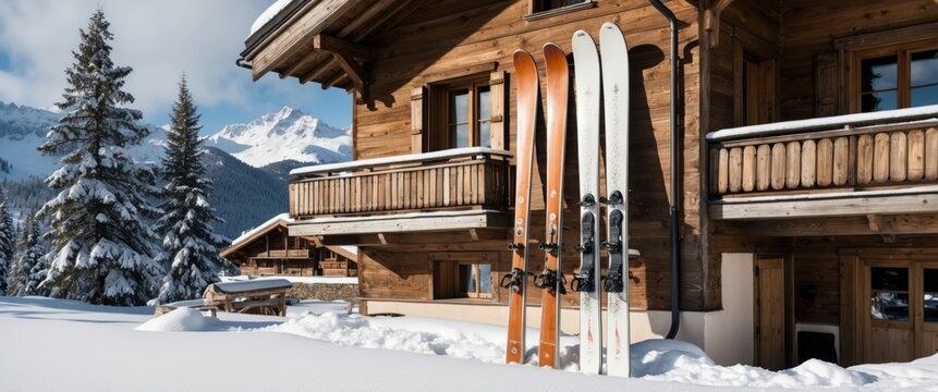 Vintage skis against a snow covered alpine chalet  perfect for winter sports ambiance