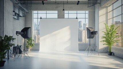 Bright photo studio interior with white mock up background, window with city view and concrete walls. Photography concept.