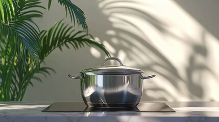 sleek stainless steel saucepan with a fitted lid on an induction cooktop in a contemporary kitchen, complemented by green plants and modern appliances. Ideal for promoting kitchenware, cooking tutoria