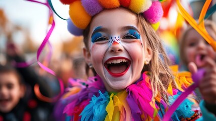A joyful child dressed in a vibrant clown costume, complete with playful makeup and cheerful accessories, radiates happiness and captures the spirit of childhood fun and creativity.