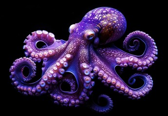 Obraz premium Vibrant Purple Octopus Displaying Intricate Patterns and Texture on Its Body Amidst a Black Background, Showcasing Marine Beauty and Intelligence