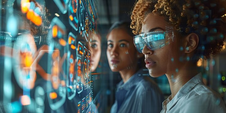 Team of professionals analyzing data on a futuristic digital interface with augmented reality glasses