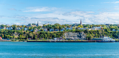 A panorama view across the Saint Lawrence river towards the borough of Desjardins in Quebec city,...