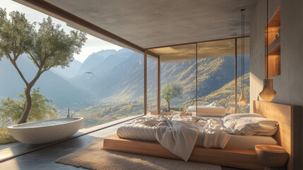 Fototapeta premium A comfortable double bed with a soft duvet serves as the focal point, accompanied by stylish bedside tables with elegant lamps. 