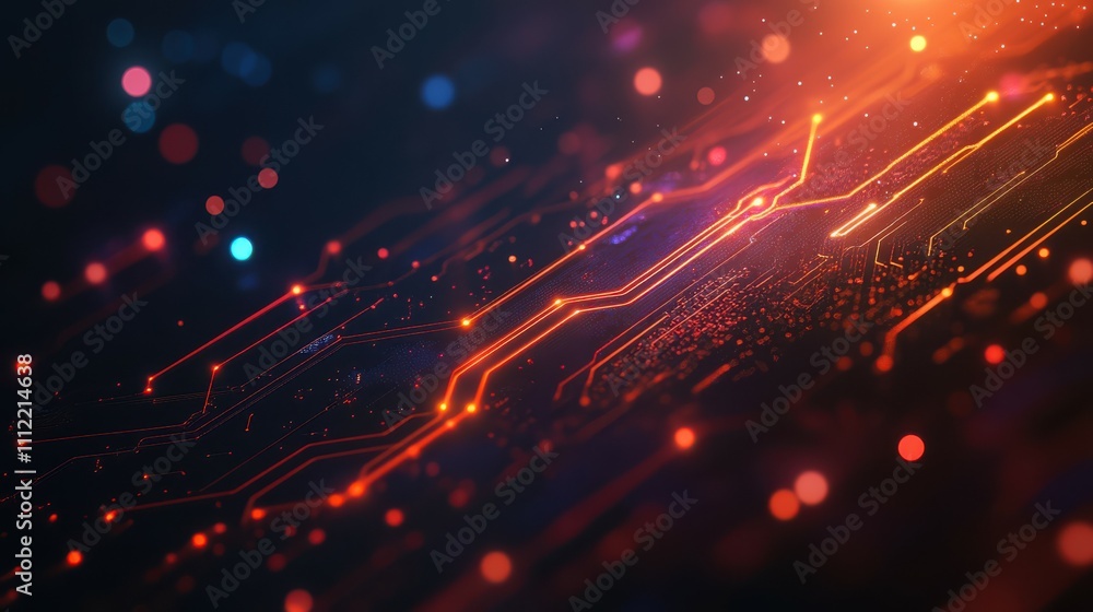 Poster abstract digital circuit board with glowing lines on dark background.