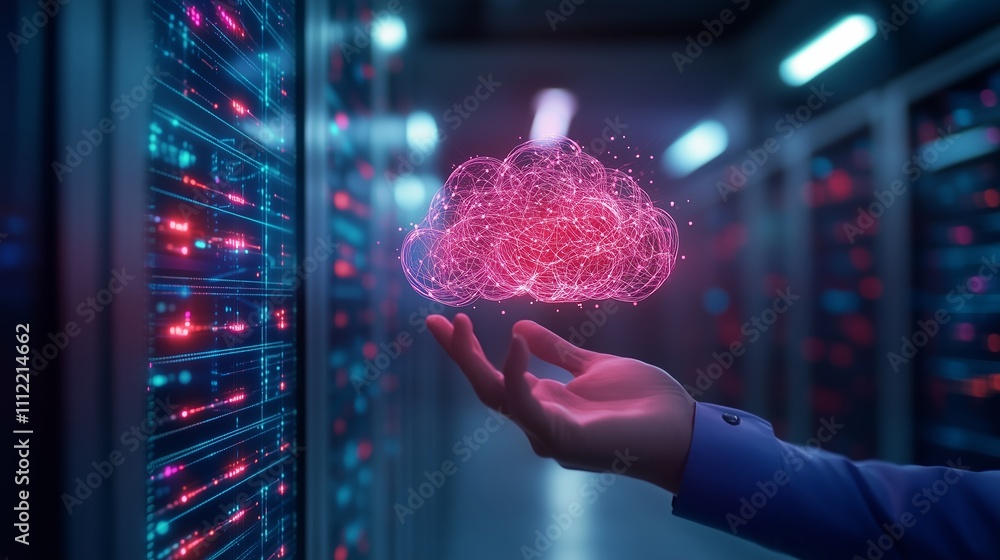 Poster cloud computing concept with hand reaching for virtual cloud over server room