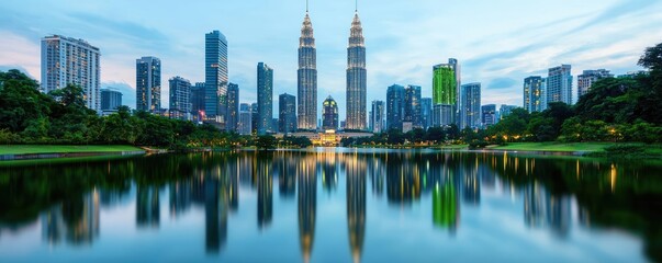 Obraz premium Panoramic view of urban skyline with iconic twin towers and reflection in the water.