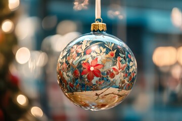  Beautiful transparent Christmas ball with a winter landscape will decorate your home for the Christmas holidays, copy space	