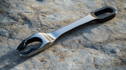 Close-up of a silver bike wrench on a rough gray surface.