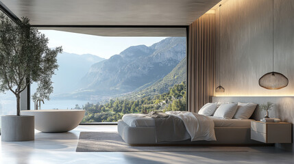 Fototapeta premium A comfortable double bed with a soft duvet serves as the focal point, accompanied by stylish bedside tables with elegant lamps. 