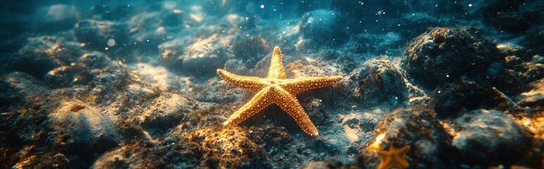 Vibrant Underwater Scene Featuring a Bright Golden Starfish Against a Rocky Ocean Floor with Soft Sunlight Filtering Through the Water
