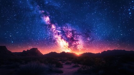 Fototapeta premium Vibrant Milky Way galaxy rising over a desert landscape at sunset.