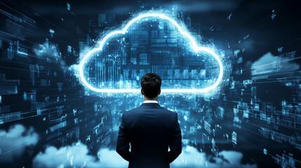 Visualizing cloud technology with a businessman in a digital landscape