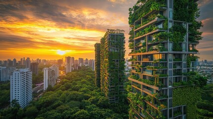 Fototapeta premium Modern skyscrapers covered in greenery at sunset over a cityscape.