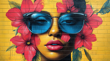 Vibrant mural featuring a woman with sunglasses surrounded by red flowers on a yellow background in an urban setting. Generative AI