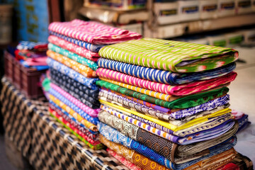 A vibrant collection of traditional Indian fabrics, featuring intricate patterns and bold colors, arranged in a market stall for sale.