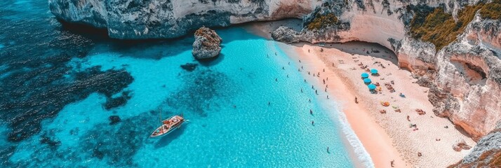 Obraz premium Secluded Idyllic Bay in Greece with Turquoise Water, White sand beach, and a sailboat