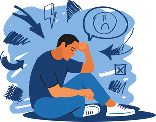 Mental disorder concept. Depression man on transparent background. Stress, despair, anxiety disorder, fatigue.