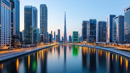 Fototapeta premium Skyline view of modern skyscrapers reflecting on calm water at twilight.