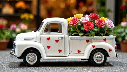 Flowers delivery car with roses and red hearts on the flower shop background
